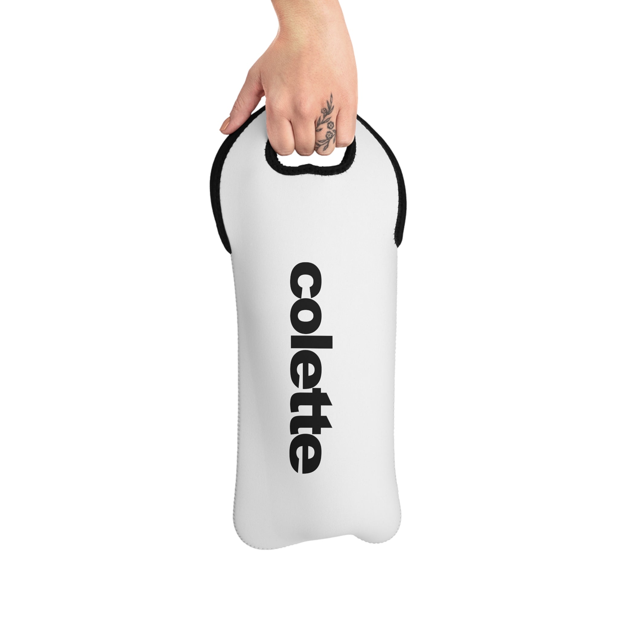 Personalized Wine Tote Bag - 'colette' Vertical Text Neoprene Bottle Carrier