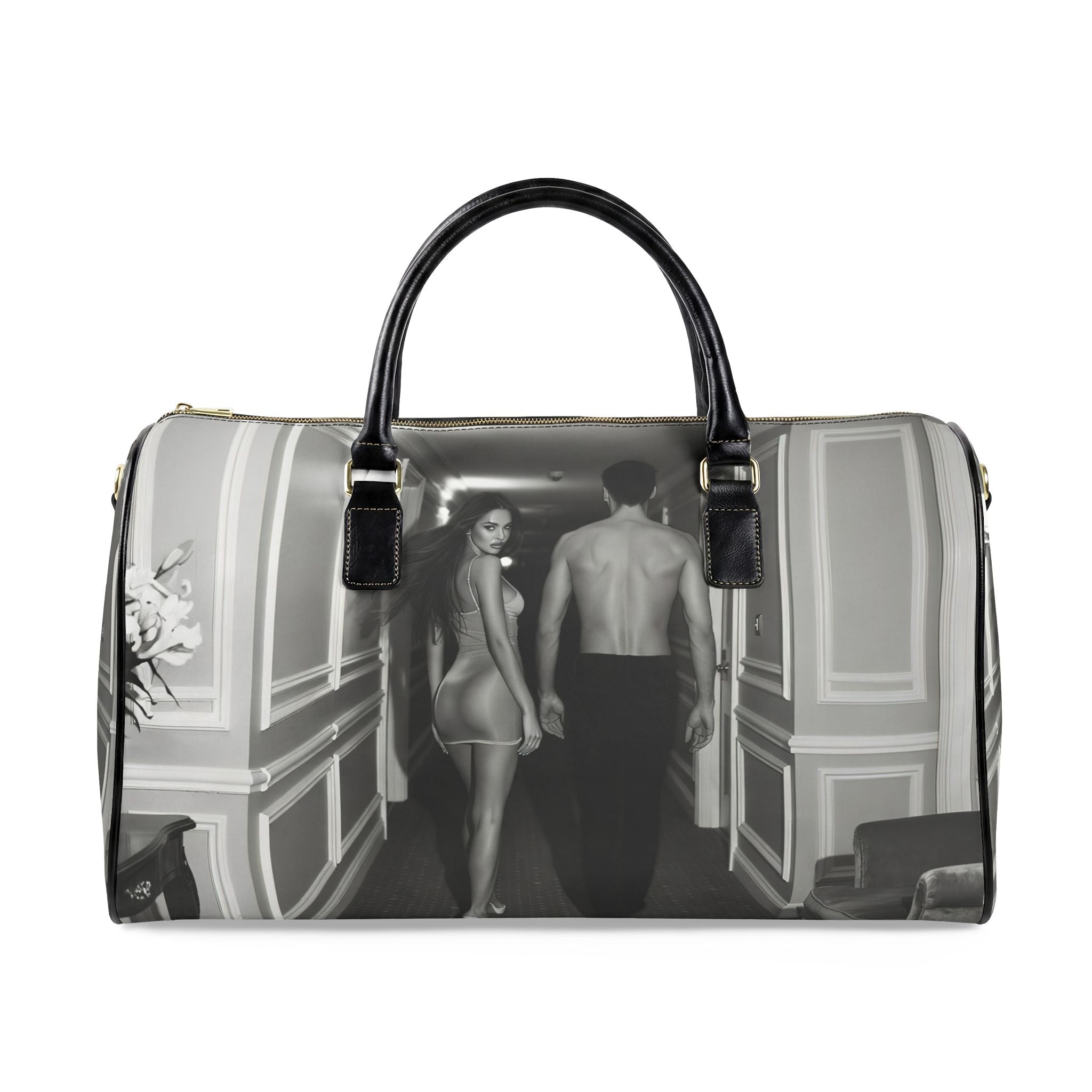 Travel Bag — Retro Black & White Couple Hallway Print Faux Leather Duffle