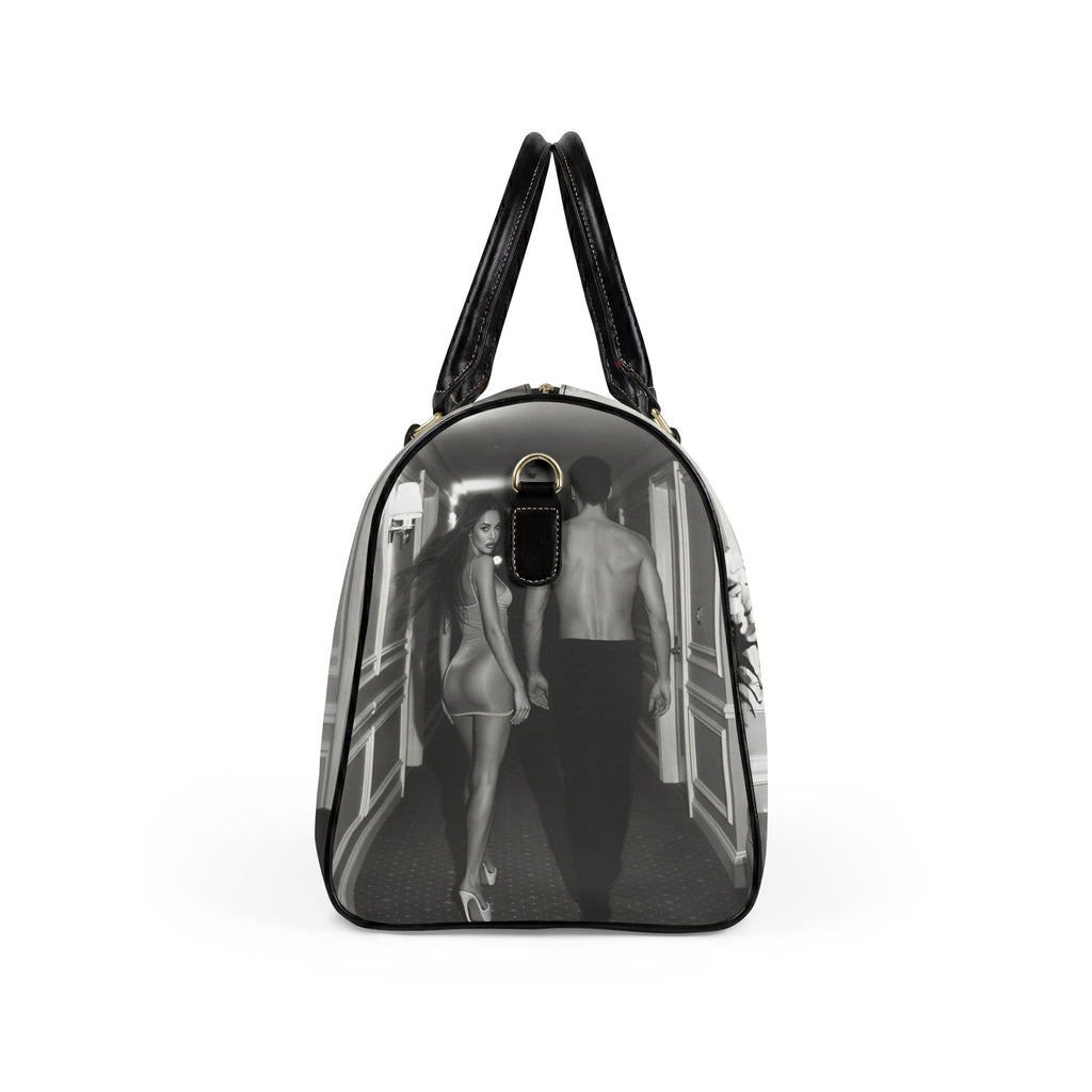 Travel Bag — Retro Black & White Couple Hallway Print Faux Leather Duffle