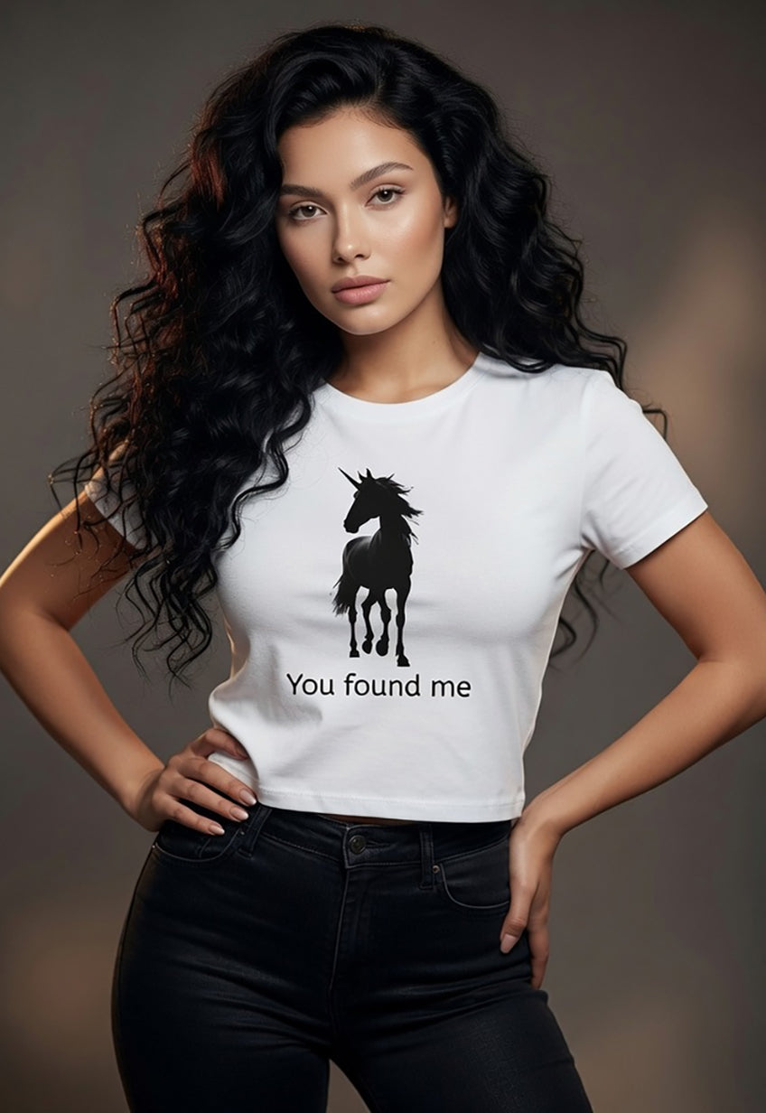 "You found me" Unicorn Silhouette Women’s Baby Tee – WHITE Minimalist Crop T-Shirt