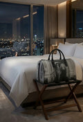 Travel Bag — Retro Black & White Couple Hallway Print Faux Leather Duffle