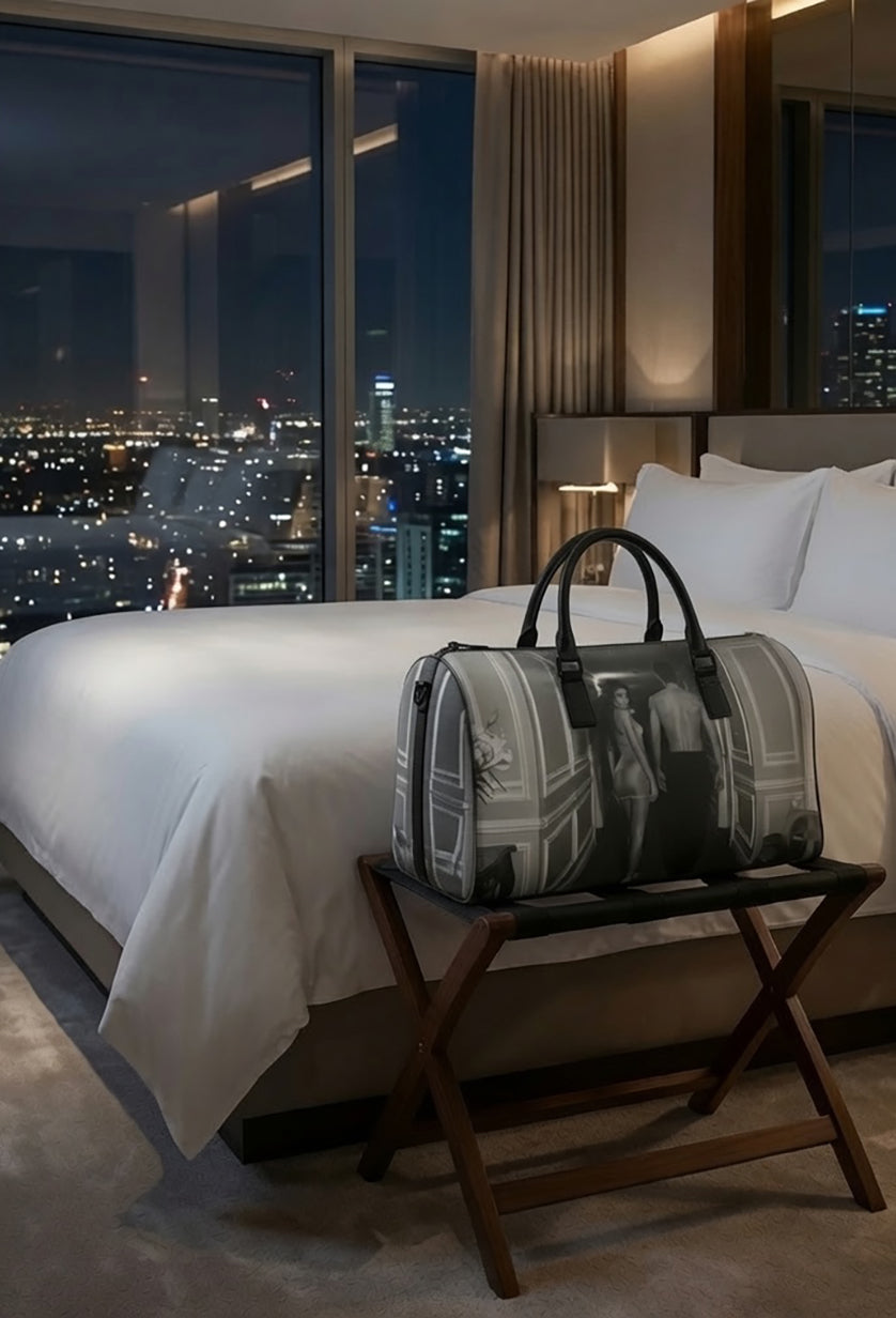Travel Bag — Retro Black & White Couple Hallway Print Faux Leather Duffle