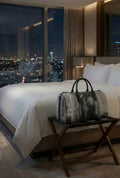 Travel Bag — Retro Black & White Couple Hallway Print Faux Leather Duffle