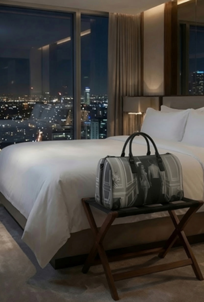 Travel Bag — Retro Black & White Couple Hallway Print Faux Leather Duffle