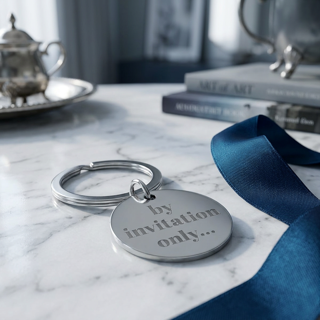 Engraved Stainless Steel Round Keychain — “by invitation only...”