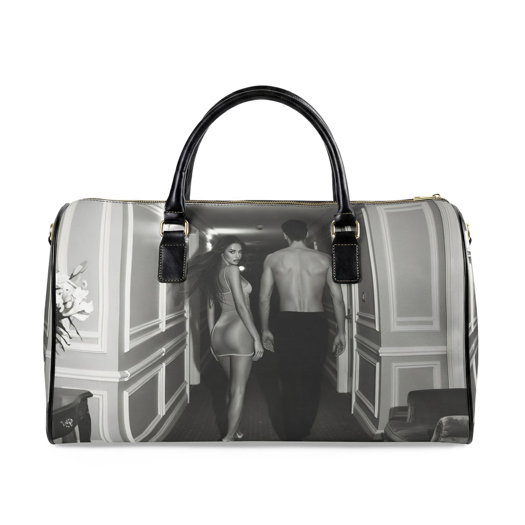 Travel Bag — Retro Black & White Couple Hallway Print Faux Leather Duffle