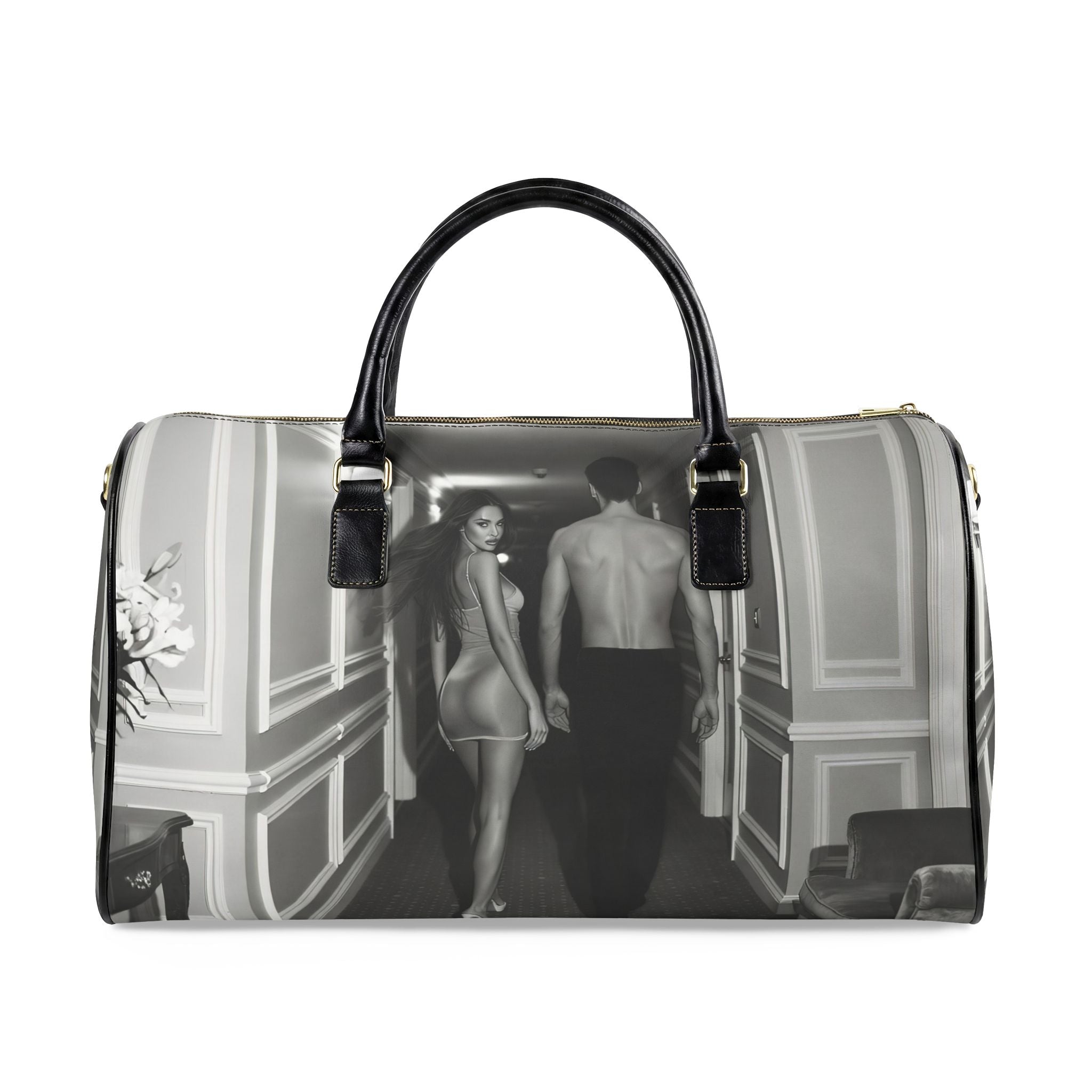 Travel Bag — Retro Black & White Couple Hallway Print Faux Leather Duffle