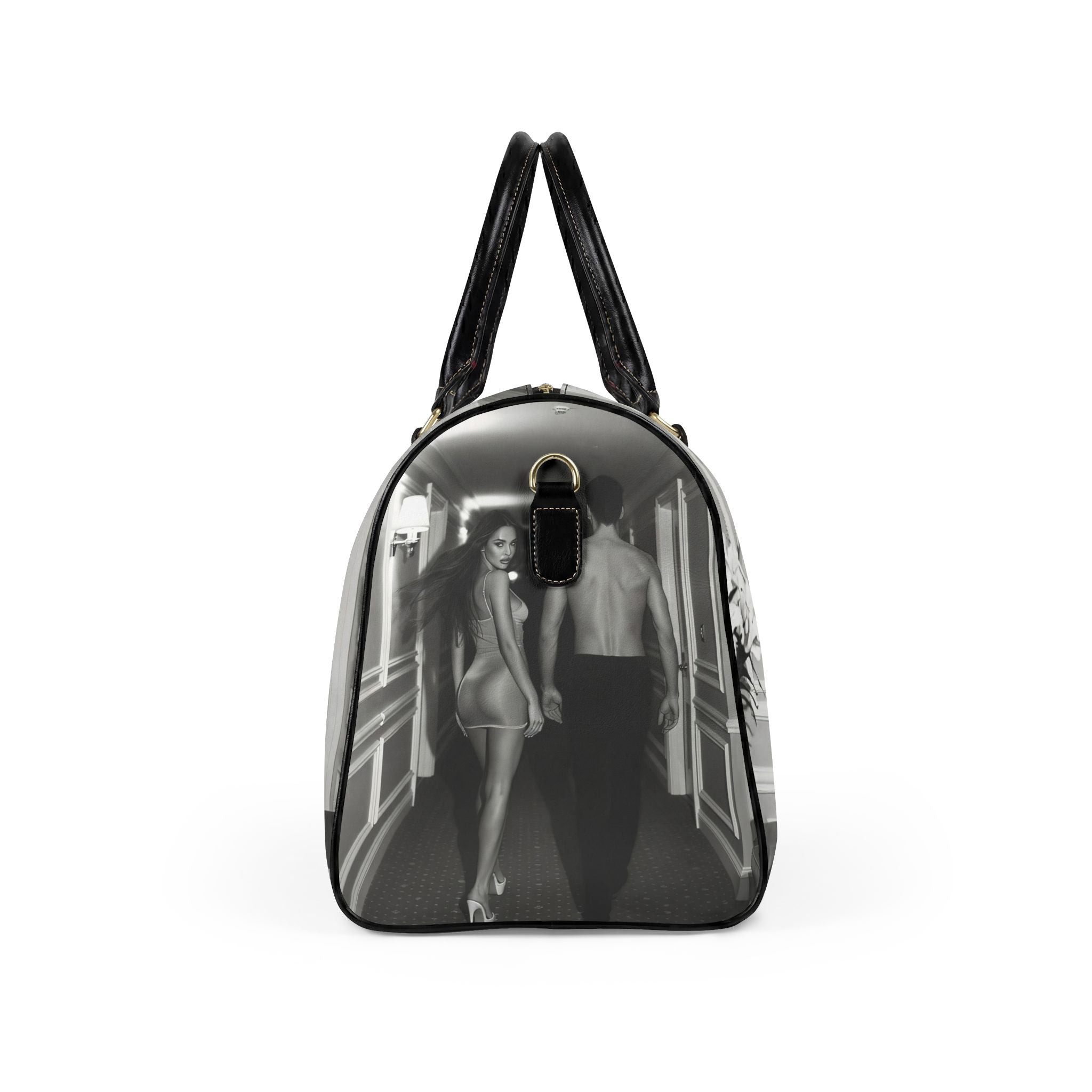 Travel Bag — Retro Black & White Couple Hallway Print Faux Leather Duffle